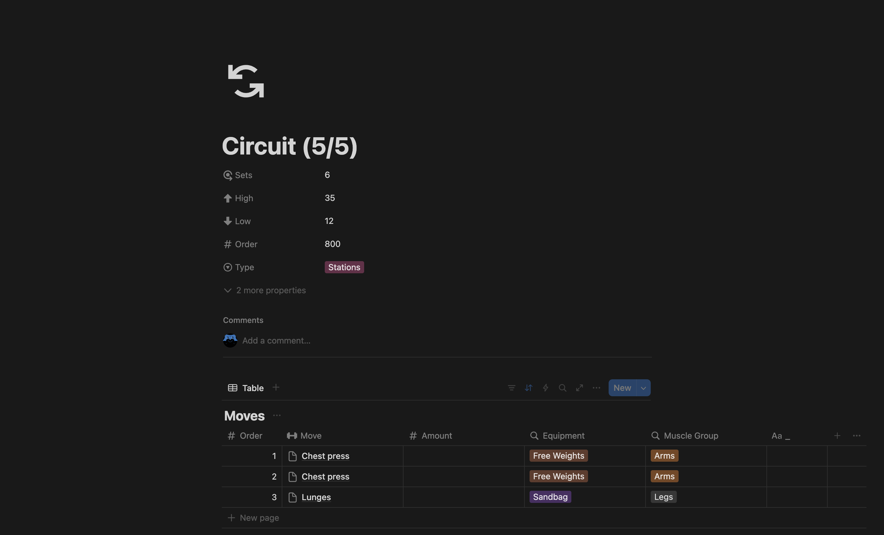 Circuit properties panel showing Sets, High, Low, Order, and Type fields alongside the Moves database