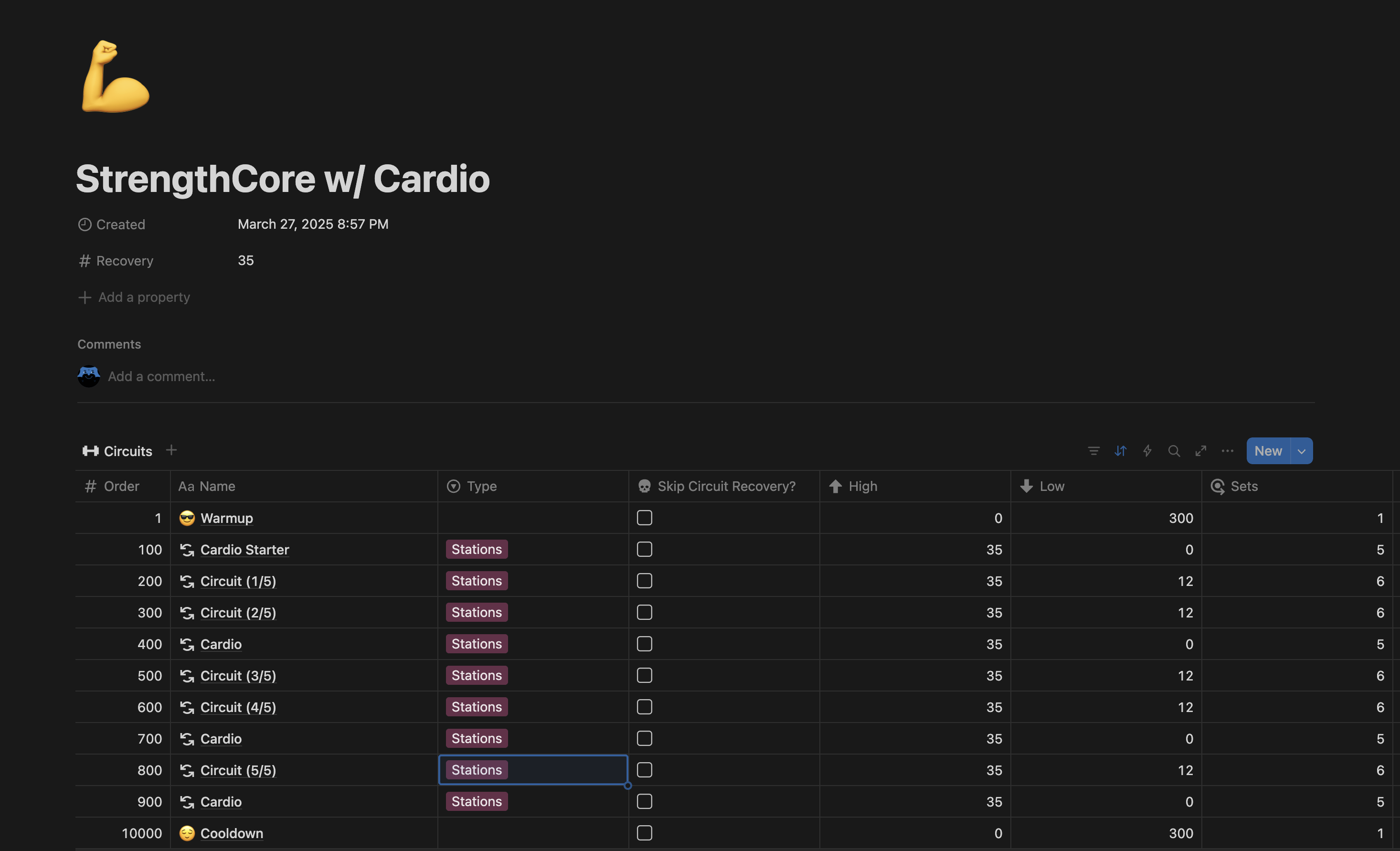 The Circuits inline database schema showing Order, Name, Type, Skip Circuit Recovery, High, Low, and Sets fields