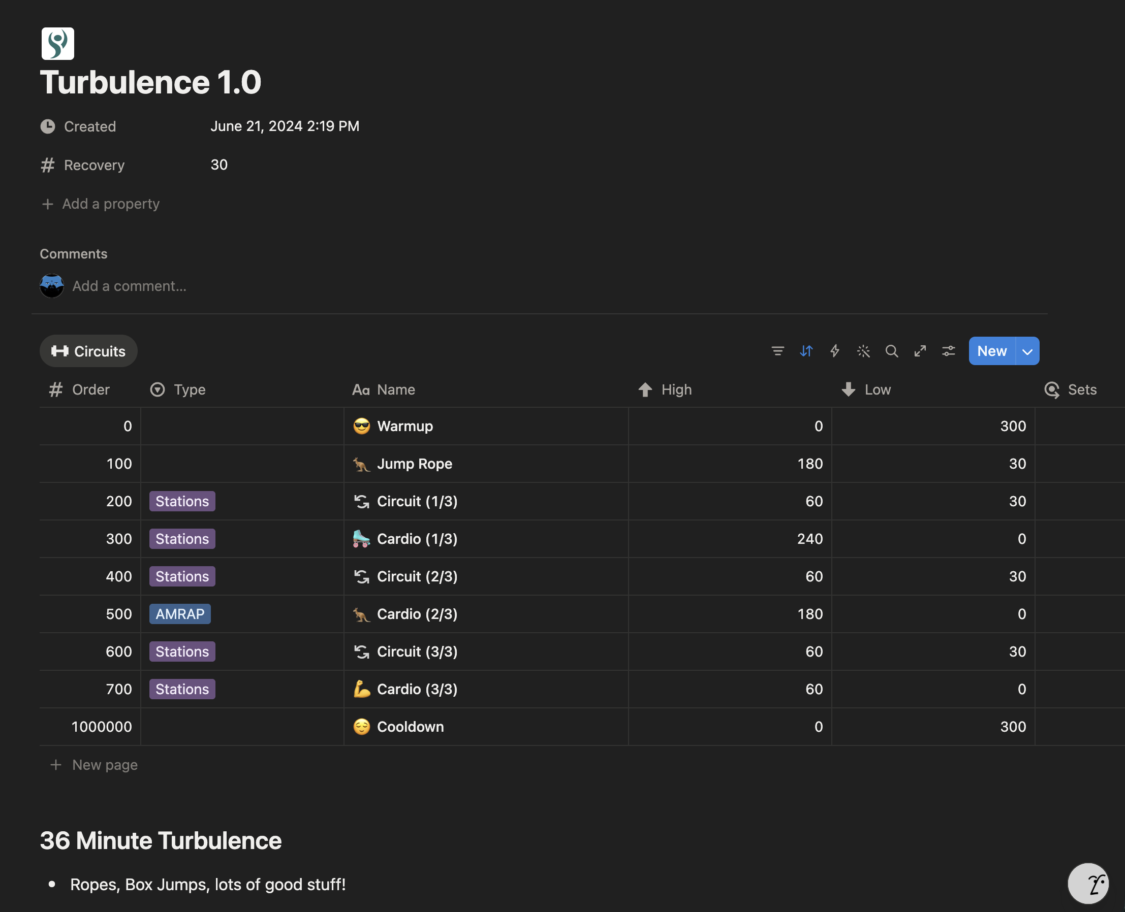 A Workout page in Notion showing an inline Circuits database with ordered stations and AMRAP entries