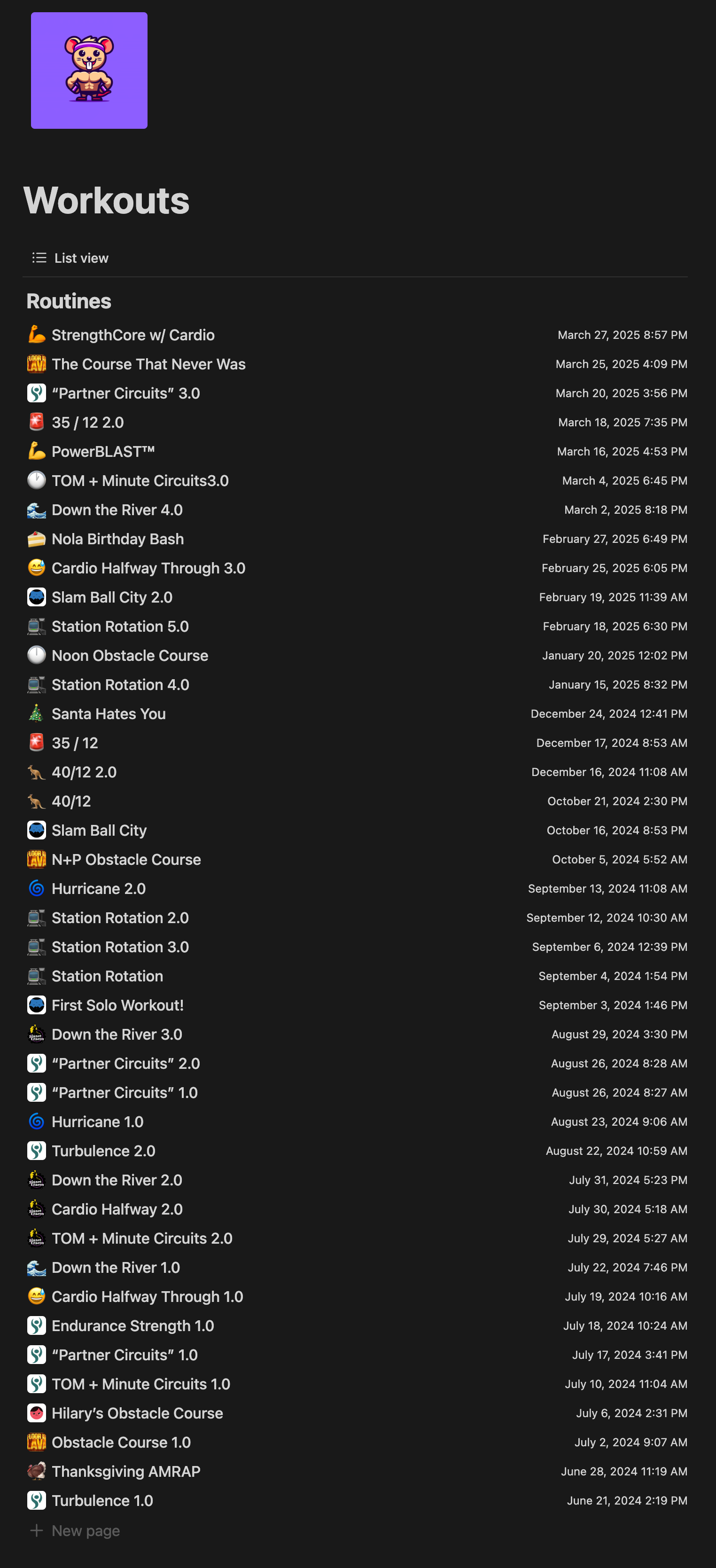 The Workouts database in Notion, showing a list of over sixty named workouts