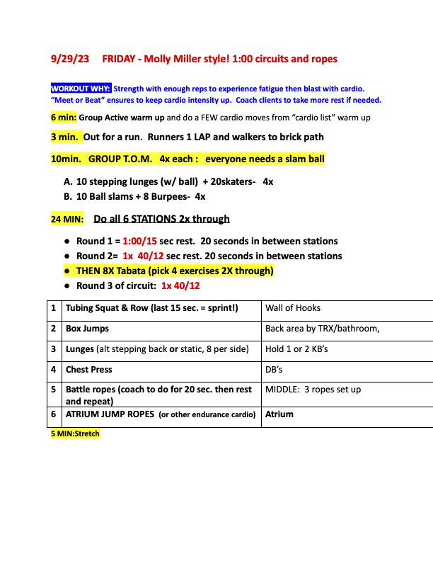 Molly Miller's Friday one-hour circuit workout sheet