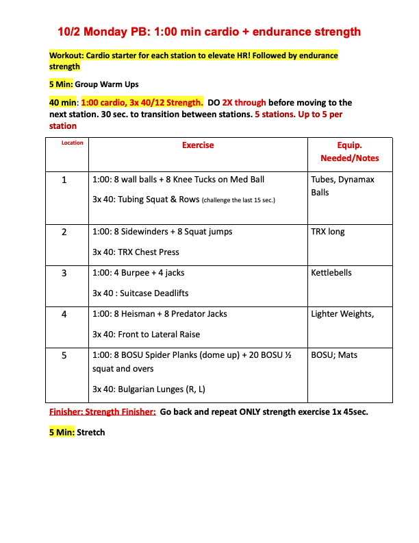 Monday cardio and endurance strength workout sheet