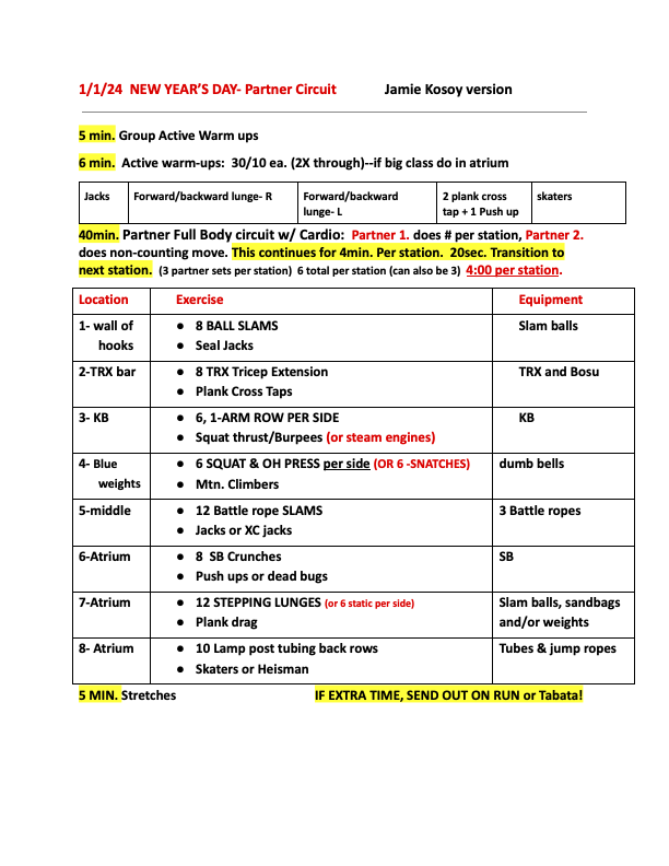 New Year's Day partner circuit workout sheet, front